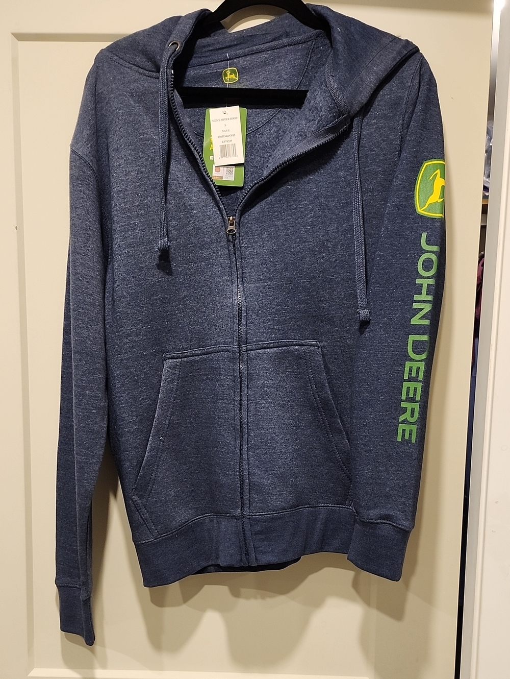 John Deere Navy Full-Zip Hoodie with Green Logo Sleeve
